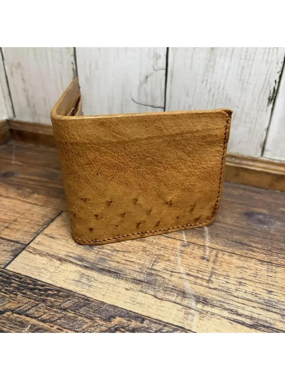 Vintage Ostrich Leather Men's Bifold Wallet w/Photo Folio Light Brown Handmade